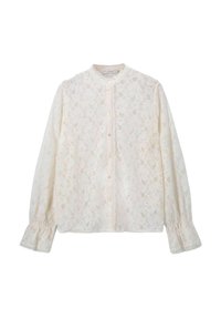 White lace blouse with a high neckline, long sleeves, button closure, and gathered cuffs. Features floral patterns throughout.