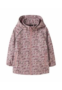 Blumenmuster-Regenjacke in Hellrosa mit Kapuze, Frontreißverschluss und Seitentaschen. Verfügt über elastische Bündchen und eine glatte Textur.