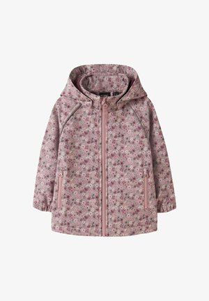 Blumenmuster-Regenjacke in Hellrosa mit Kapuze, Frontreißverschluss und Seitentaschen. Verfügt über elastische Bündchen und eine glatte Textur.