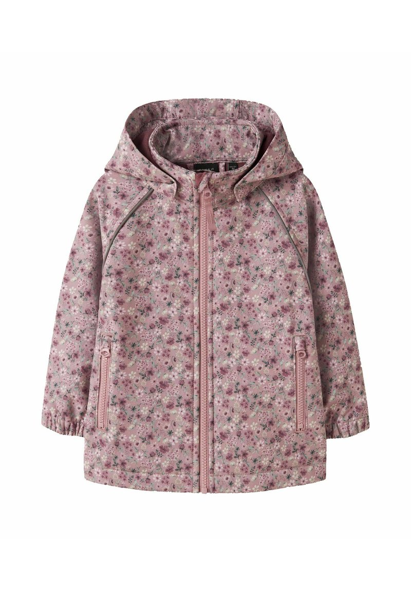 Blumenmuster-Regenjacke in Hellrosa mit Kapuze, Frontreißverschluss und Seitentaschen. Verfügt über elastische Bündchen und eine glatte Textur.
