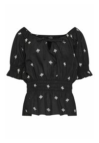 Schwarze Bluse aus leichtem Stoff, mit weißer Blumenstickerei, schulterfreiem Design, kurzen Puffärmeln und Rüschenbund.
