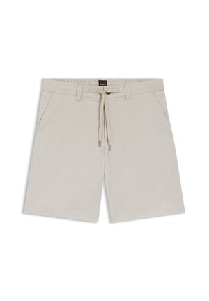 Hellbeige Herren-Shorts mit Vordertaschen, Gürtelschlaufen und einem Tunnelzug, versehen mit einem kleinen schwarzen und gelben BOSS-Label.