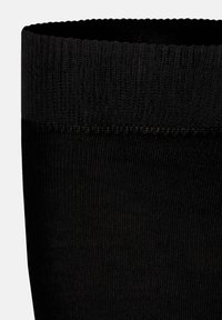 Schwarze Strumpfhosen mit glatter Textur und gewelltem oberen Rand. Der Stoff wirkt dehnbar und enganliegend.