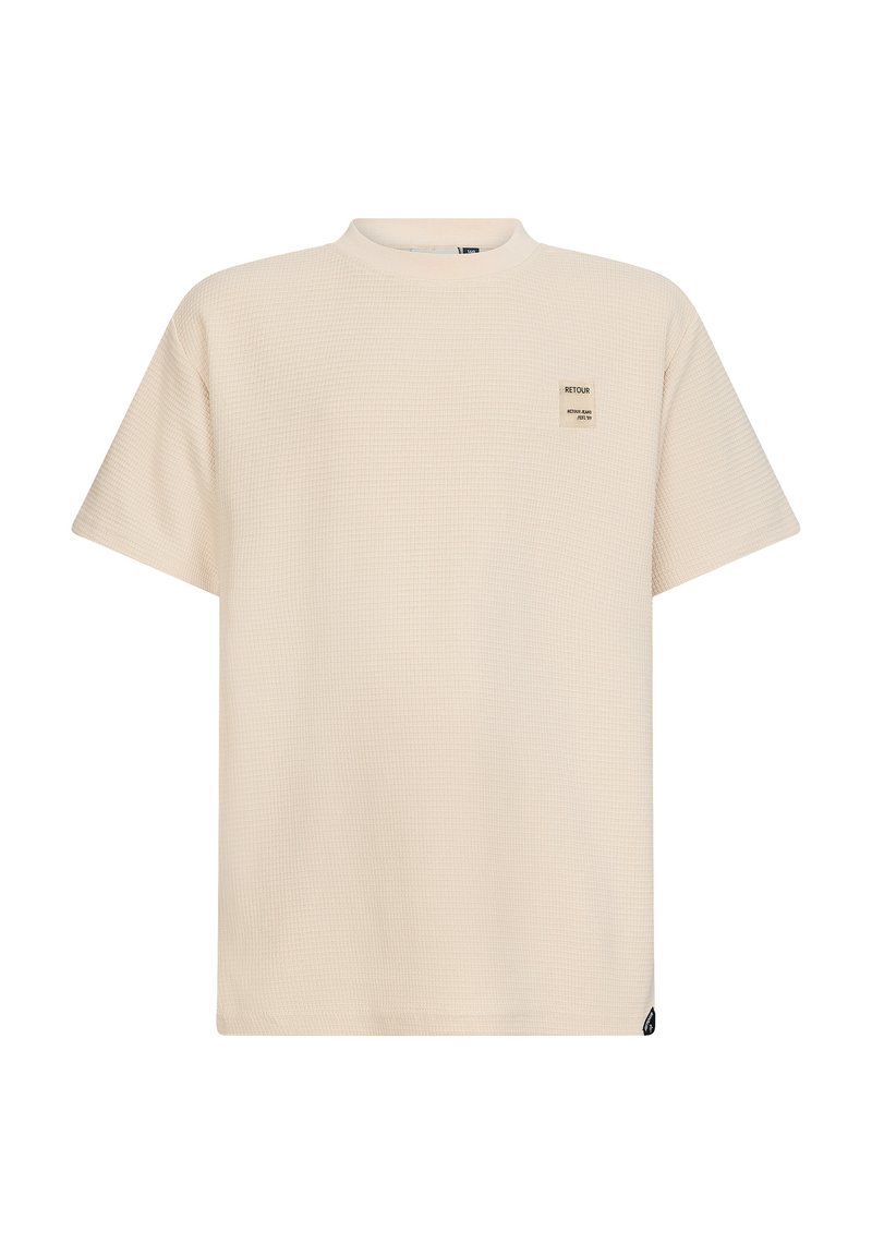 Beige T-Shirt mit kurzen Ärmeln und strukturiertem Waffelmuster, mit einem kleinen Markenlabel auf der Brust und einem geraden Saum.