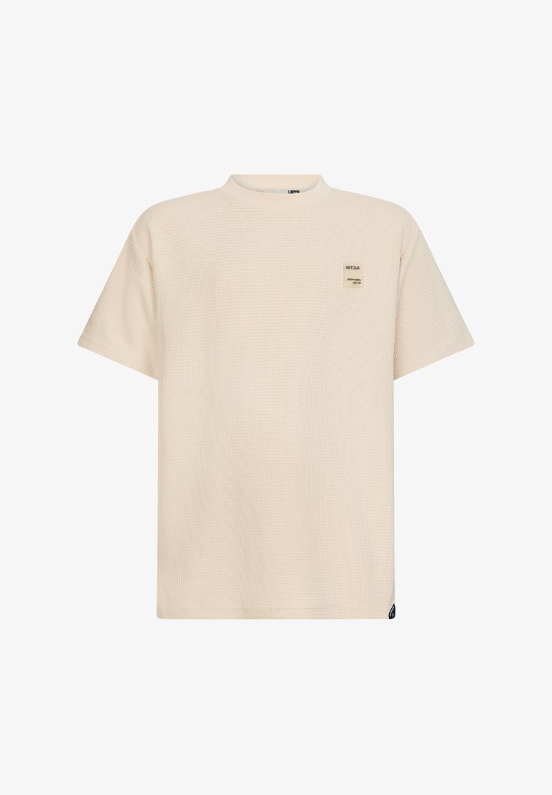 Beige t-shirt met korte mouwen, voorzien van een textuur in een wafelbreisel, met een klein merkembleem op de borst en een rechte zoom.