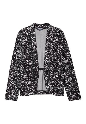 Schwarze und weiße Jacke mit floralem Muster, lockerer Passform, offenem Vorderteil, langen Ärmeln und einem kontrastierenden grauen Innenfutter. Verfügt über minimalistische schwarze Akzente.