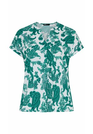 Korte mouwen wit blouse met groen paisley- en bloemenprint, V-hals en een losse pasvorm.