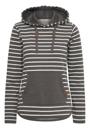 Šedá pruhovaná mikina s kapucí, přední kapsou, stažením na šňůrky a měkkou texturou. Má horizontální bílé pruhy a zakřivený lem.