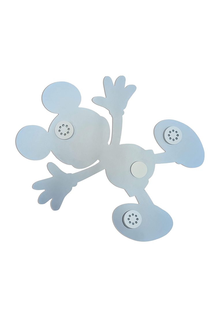 Metall-Wanddeko in Form einer Cartoon-Figur mit silberner Oberfläche, glatter Textur und runden Befestigungen an Händen und Füßen.