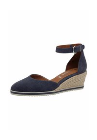 Námořnické denimové wedge boty s páskem kolem kotníku, kulatou špičkou a texturovaným espadrille-style klínem. Mají hladkou vnitřní podšívku a gumovou podrážku.