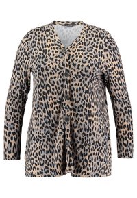 Leopardenmuster langärmlige Strickjacke, beige und schwarz, mit V-Ausschnitt, fünf Knöpfen vorne und einem strukturierten Stoff.