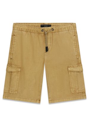 Pantalones cortos cargo beige con cintura elástica, cierre con cordón, bolsillos laterales con solapa y bolsillos delanteros laterales, colocados planos sobre fondo blanco.