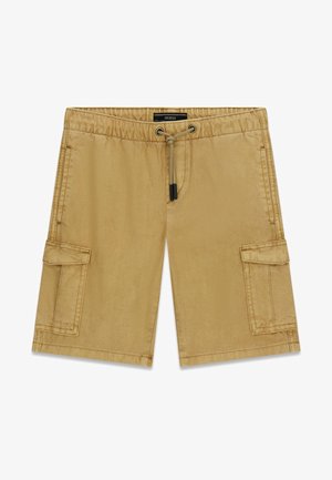 Beige cargoshorts med elastisk talje, snørejustering, sidelommer med klap og forlommer på siden, lagt fladt på hvid baggrund.
