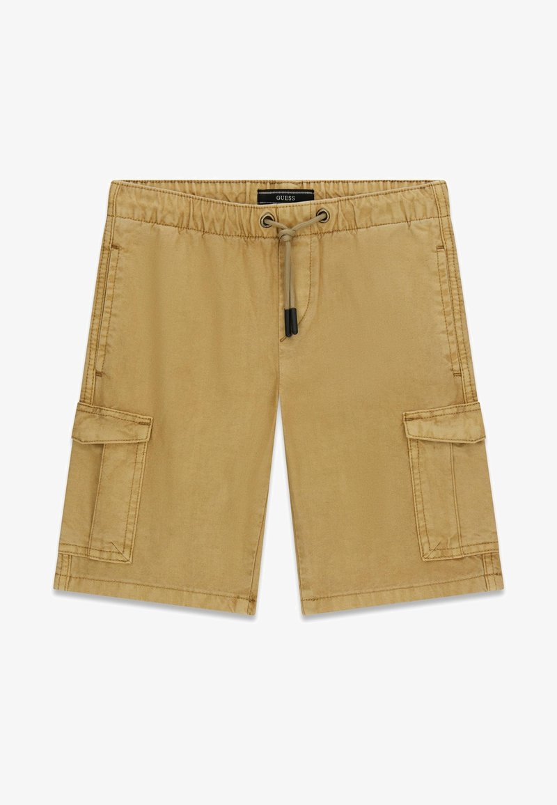 Short cargo beige avec taille élastique, fermeture à cordon, poches latérales à rabat et poches latérales avant, posé à plat sur fond blanc.