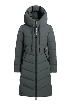 Langgraue gepolsterte Winterjacke mit hohem Kragen, Frontreißverschluss, seitlichen Reißverschlusstaschen und schwarzen Kordelzügen mit Markenlabel.