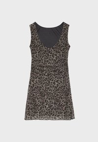 Robe sans manches avec encolure en V avec motif léopard marron et noir, taille cintrée et jupe légèrement évasée.