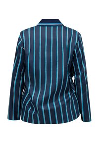 Marineblauwe lange mouwen shirt met verticale strepen in turquoise en wit. Heeft een kraag, een gladde textuur en een getailleerd ontwerp.