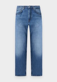 Jeans di denim blu a gamba dritta con classico design a cinque tasche e chiusura con bottoni, caratterizzati da sottili dettagli scoloriti su cosce e ginocchia.