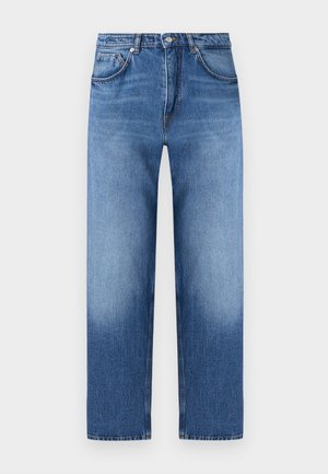 Jeans di denim blu a gamba dritta con classico design a cinque tasche e chiusura con bottoni, caratterizzati da sottili dettagli scoloriti su cosce e ginocchia.