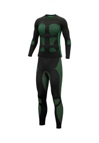 Black and green compression sportswear featuring a long-sleeve top with striped accents and matching leggings with textured patterns.