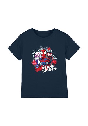 Navy blue cotton t-shirt featuring a graphic of three spider-themed characters with the text "TEAM SPIDEY" in white, colorful accents.