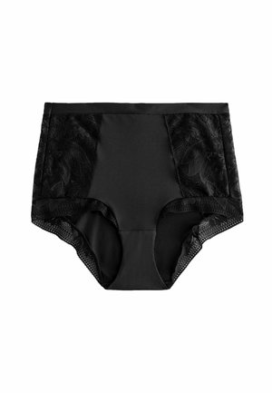 Zwarte hooglichte onderbroek met kanten zijkanten. Gladde stof met een bloemenkantpatroon, doorschijnende randen en een elastische tailleband voor comfort.