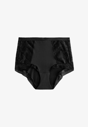 Melni augstie apakšveļas biksītes ar mežģīņu malām. Gluda auduma ar ziedu mežģīņu rakstu, caurspīdīgām malām un elastīgu jostu komfortam.