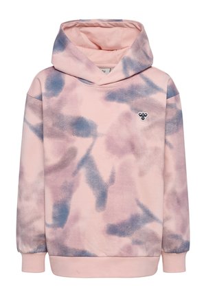 Pink hættetrøje med blå og lilla tie-dye mønstre, et frontbi-logo, lange ærmer og en forlomme som en kænguru.
