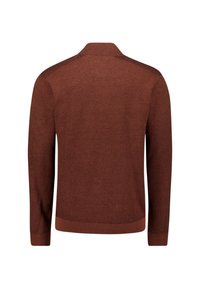 Pull en tricot rouille à manches longues avec col, poignets et ourlet côtelés, présenté de dos sur un fond blanc.