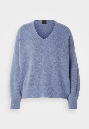 Jasnoniebieski sweter dziany z dekoltem w serek, opuszczonymi ramionami oraz ściągaczami na mankietach i dole. Miękka tekstura, zaprojektowany dla luźnego kroju.