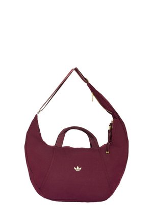 Sac à épaule en forme de croissant bordeaux avec doubles poignées et fermeture éclair dorée, avec un petit logo Adidas doré au centre avant.
