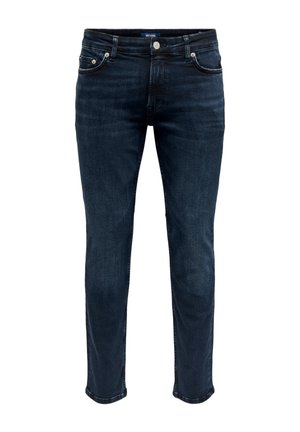 Jeans din denim de culoare albastru închis, cu croi drept, cinci buzunare, decolorare subtilă �și închidere clasică cu nasture și fermoar.