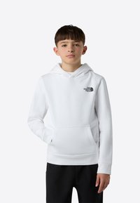 Hanorac alb cu glugă și buzunar frontal, cu un logo negru pe partea stângă a pieptului. Confecționat din țesătură moale, cu manșete și tiv striate.