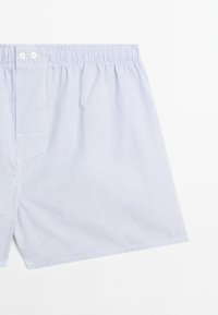 Blue and white striped boxers with an elastic waistband, front button closure, and a single small pocket on the side. Cotton material, lightweight.