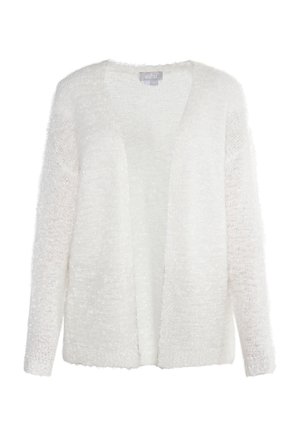 Biały, puszysty kardigan wykonany z miękkiego materiału. Model z otwartym przodem i długimi rękawami, posiadający fakturowaną powierzchnię dla dodatkowego detalu.