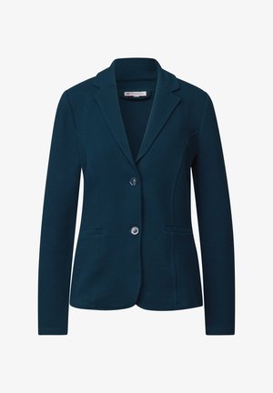 Donkerblauwe blazer van een gewatteerde stof, met een gesneden revers, twee knopen en twee voorzakken. Gestructureerde pasvorm met lange mouwen.