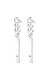 Cercei din argint cu un design de lanț legat, prezentând bare dreptunghiulare alungite. Marcate cu "925" pentru a indica argintul sterling.