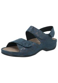 Blue sandals with an embossed floral pattern, featuring two adjustable velcro straps and a cushioned insole on a black rubber sole.