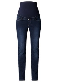 Vaqueros de maternidad de color azul oscuro con una cinturilla ajustada y elástica y perneras rectas. Presenta bolsillos delanteros y una textura de denim suave.