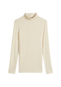 Langsleeve coltrui in lichtbeige, met een zachte, gladde textuur en een relaxte pasvorm met een sjaalkraag.