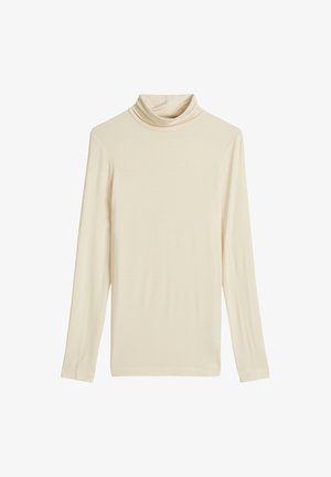 Langsleeve coltrui in lichtbeige, met een zachte, gladde textuur en een relaxte pasvorm met een sjaalkraag.