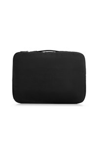 Schwarze rechteckige Laptop-Hülle aus strukturiertem Stoff. Verfügt über einen Obergriff und einen Reißverschluss. Glattes, minimalistisches Design ohne sichtbare Logos.