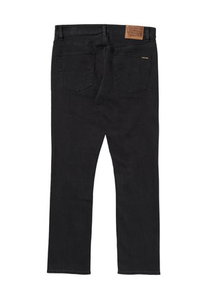 Zwarte jeans met rechte pijpen, twee achterzakken, lusjes voor een riem en een bruin leren merklabel op de tailleband.