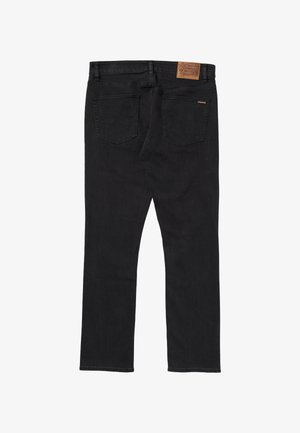 Zwarte jeans met rechte pijpen, twee achterzakken, lusjes voor een riem en een bruin leren merklabel op de tailleband.