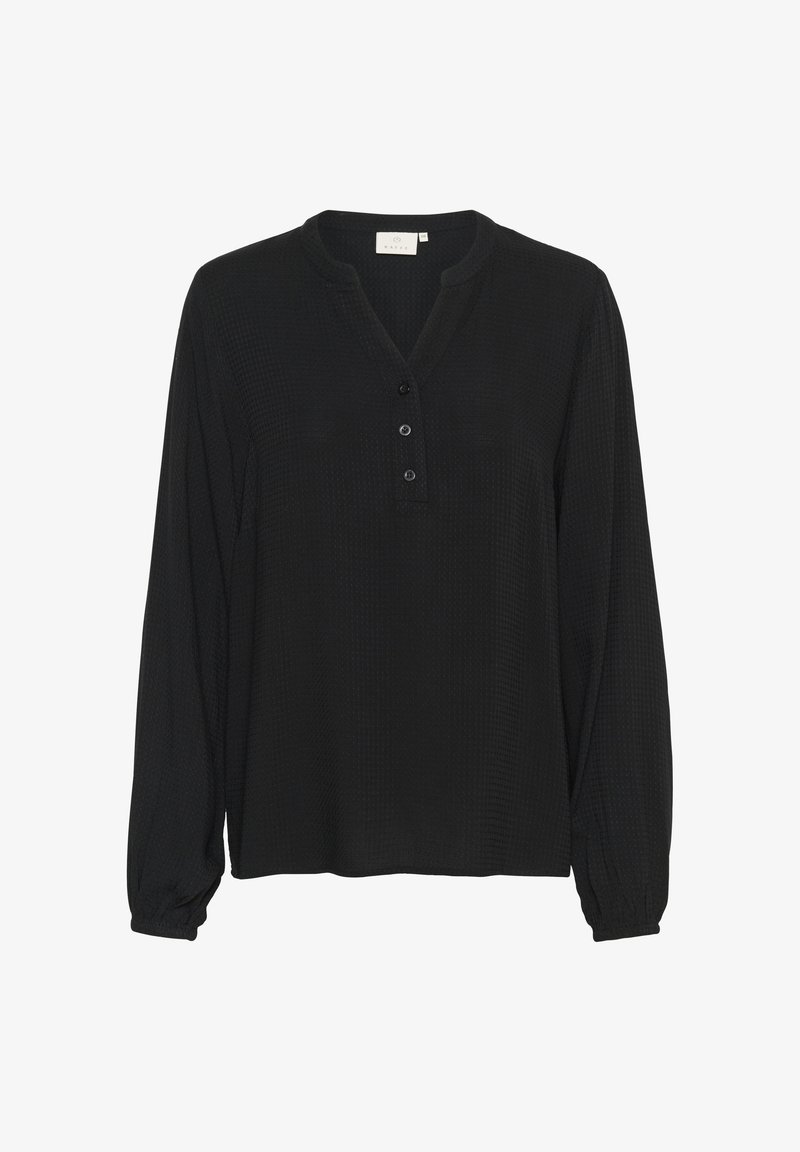 Blouse noire à manches longues en tissu texturé, col rond, trois boutons sur la poitrine et poignets élastiques.