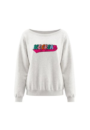 Lysegrå sweatshirt med lange ærmer og ribkanter, med farverig "ICE CREAM" tekst og en pink understregning på brystet.