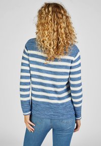 Blau-weiß gestreifter Pullover mit langen Ärmeln, rundem Ausschnitt und strukturiertem Strickmuster. Fertig gestreifter Saum mit dekorativen Nähten.