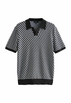 Schwarz-weiß gemustertes Strick-Polohemd mit kurzen Ärmeln, schwarzem Kragen, Ärmelbündchen und Saum.