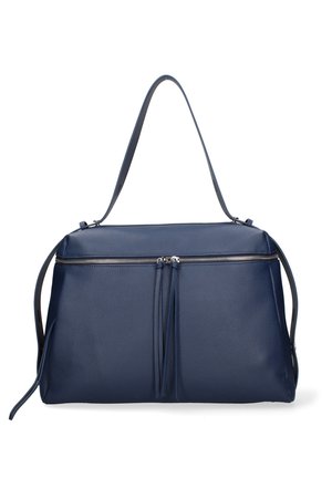 Borsa a mano in pelle blu navy con chiusura a doppia cerniera, tracolla lunga e finitura testurizzata.