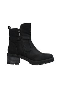 Bottines noires avec une finition en cuir lisse, fermeture éclair latérale et semelle en caoutchouc texturée ; petit talon carré et une boucle pour un enfilage facile.